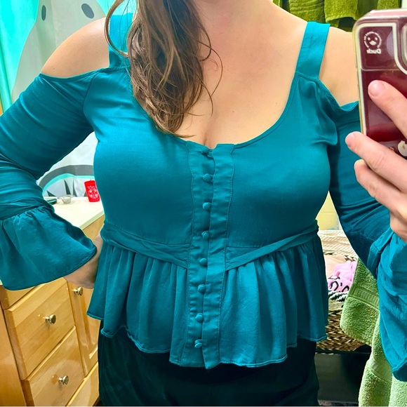 Anthropologie (Maeve) Teal Cold Shoulder Blouse - Picture 2 of 5